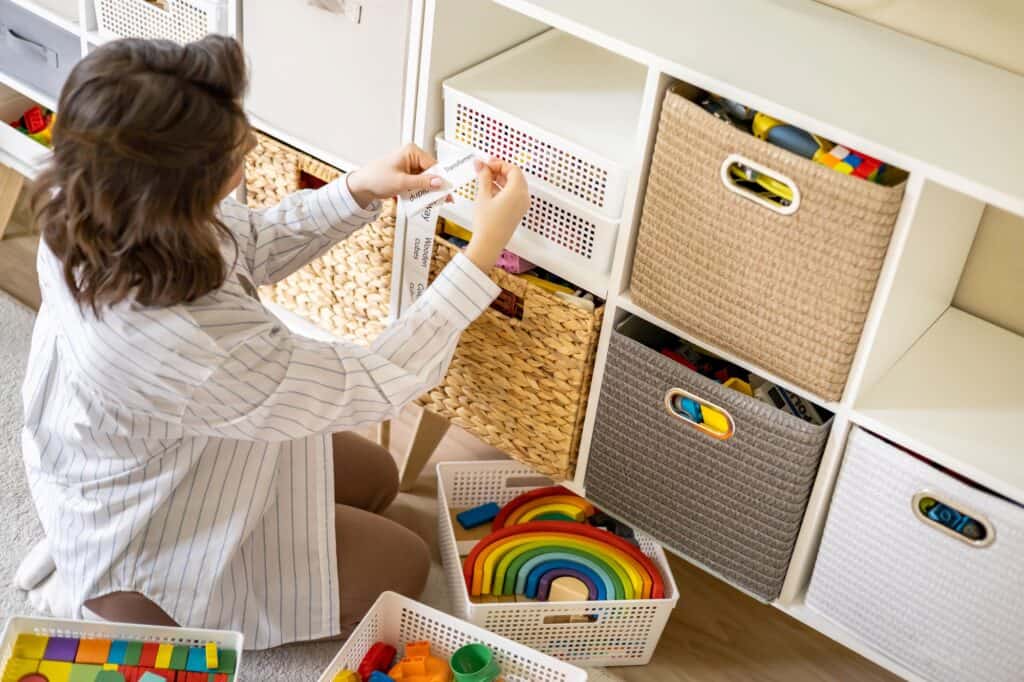 High-angle shot of a mother setting up the kids' room after the move